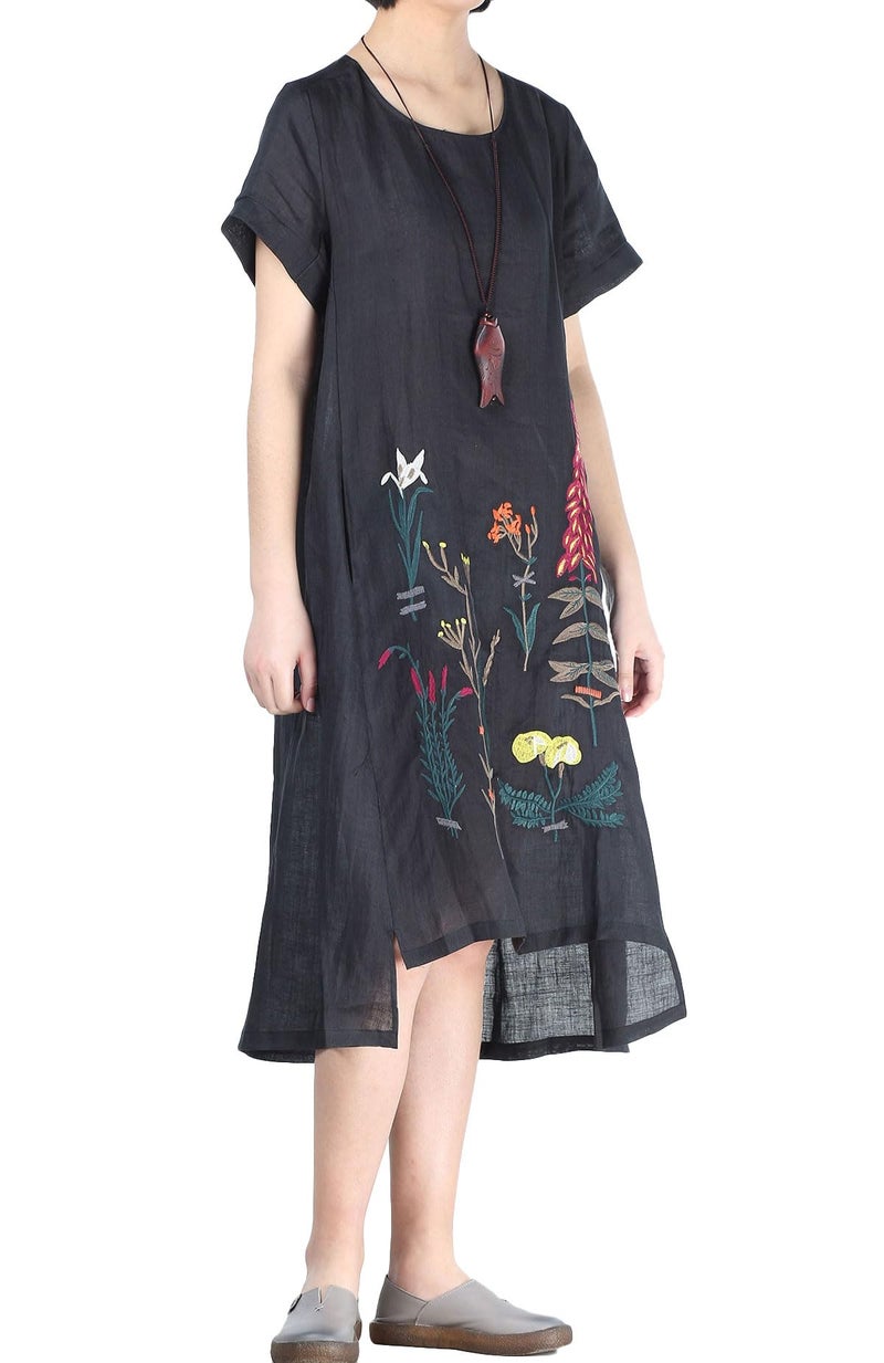 Minibee Women's Embroidered Linen Dress Summer A-Line Sundress Hi Low Tunic Clothing Black L - Image 3
